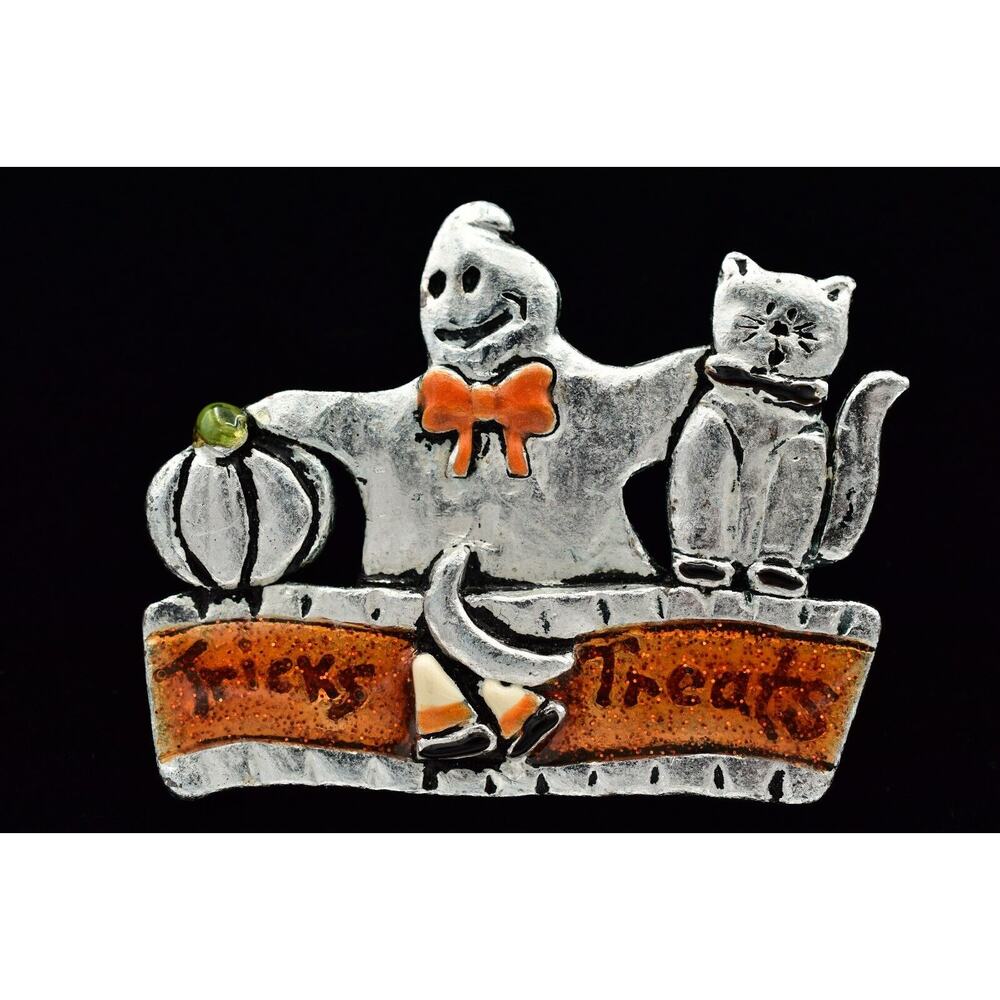 TC Vintage Halloween Pin Brooch Ghost Cat Pumpkin Tricks Treats Signed 90s BinBG
